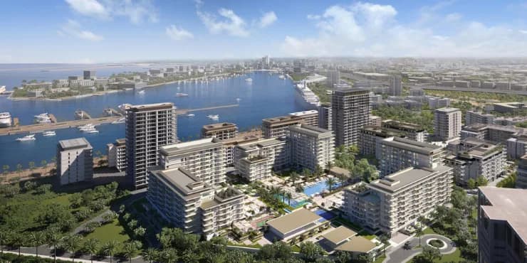 Aerial view of the Rashid Yachts & Marina master community and cruise terminal at Mina Rashid, Dubai