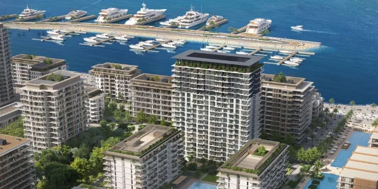 Aerial view of yacht berths and waterfront towers at Rashid Yachts & Marina