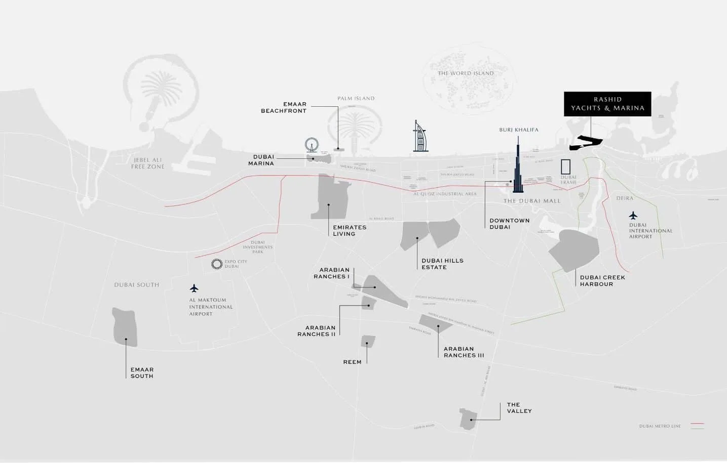 Map of Dubai showing Rashid Yachts & Marina at Mina Rashid relative to Downtown, Dubai Marina and both airports