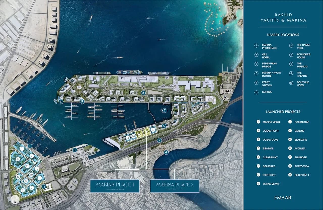 Official master plan of Rashid Yachts & Marina showing the marina basin, canal pool, QE2 and residential districts