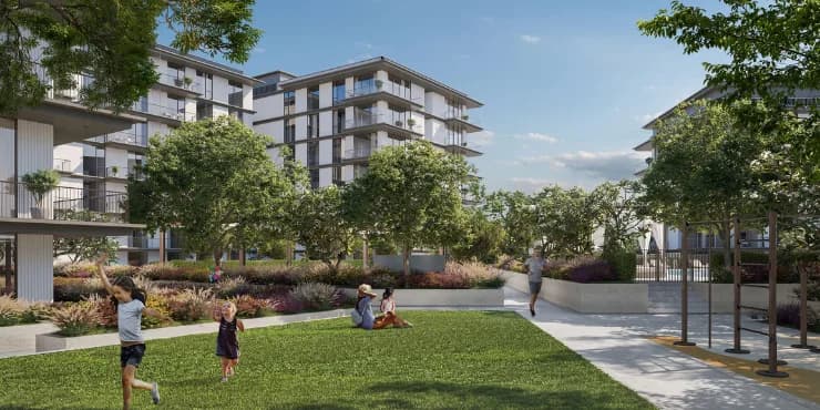 Landscaped park and family lawns between residences at Rashid Yachts & Marina
